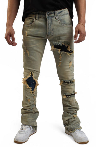 Front View Goldenrod Fray Stacked Jean